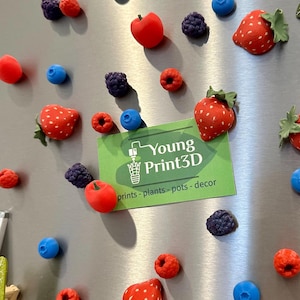 May include: A silver refrigerator door with a variety of colorful magnets, including red strawberries, blueberries, blackberries, raspberries, and a red apple. The magnets are arranged in a random pattern. A green and white business card with the text "Young Print3D" and "prints - plants - pots - decor" is also attached to the refrigerator door.