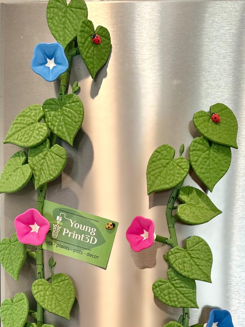 May include: A 3D printed green vine with leaves and flowers. The vine has pink, blue, and white flowers. There are also red ladybugs on the vine. The vine is attached to a metal surface. The text "Young Print3D" is on a white card with a green border. The text "ints - plants - pots - decor" is below the company name.