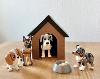 3D Printed Articulated Dog Set | Desk Pet with Doghouse, Accessories