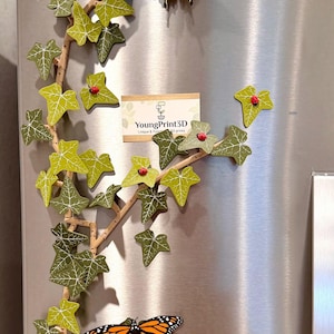 May include: A decorative ivy branch with green leaves and small red ladybugs, along with two butterfly magnets. The butterflies are yellow with black and blue accents, and orange with black and white accents. The image includes a business card with the text "YoungPrint3D".