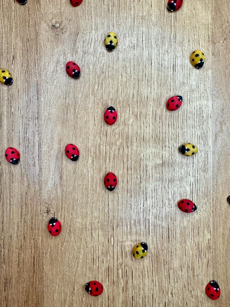 May include: A wooden background with red and yellow ladybugs scattered across the surface.