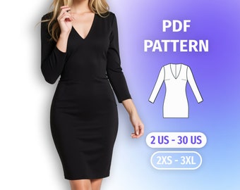 Pencil Dress Sewing Pattern: Formal V-Neck, Long Sleeves (Plus Size PDF)