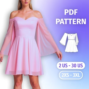 Off Shoulder Sweetheart Neck Dress Sewing Pattern, Modern Long Sleeve Dress Sewing Tutorial , 15 Sizes, Plus Size Dress Pattern,  US2 - US30