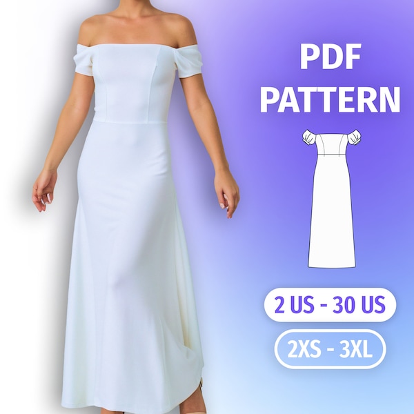 Off Shoulder Formal Dress Sewing Pattern • Evening Dress Sewing Tutorial • Plus Size Digital Pattern • US2 - US30