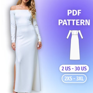 Puede incluir: Patrón de costura PDF para un vestido maxi blanco de hombros descubiertos con una abertura lateral. Tallas 2 ES - 30 ES y 2XS - 3XL.