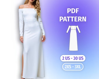 Off-shoulder maxi-jurkpatroon • Naai-instructie voor een jurk met lange mouwen en split • Grote maten digitaal patroon PDF • US2 - US30