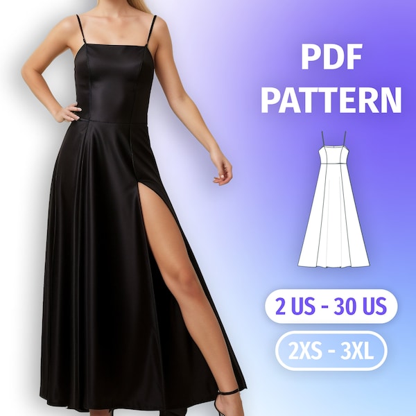 Elegantes Schlitzkleid Schnittmuster PDF • Nähanleitung für ein Abendkleid • Plus Size Maxikleid • US2 - US30