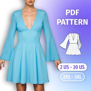 Puede incluir: Patrón de costura PDF para un vestido azul con un escote en V profundo y mangas acampanadas largas. Las tallas incluidas son las tallas españolas 2-30 y 2XS-3XL.