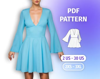 Bell Sleeve V-Neck Dress Sewing Pattern: Modern Evening Style (US2-US30) (Digital Pattern)