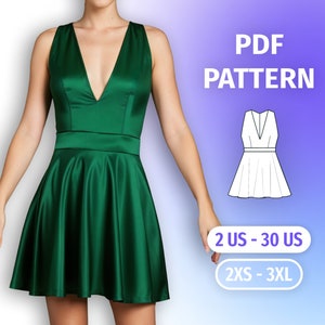 Könnte beinhalten: Ein PDF-Schnittmuster für ein grünes, ärmelloses Kleid mit tiefem V-Ausschnitt und ausgestelltem Rock. Das Schnittmuster ist in den Größen 2 DE - 30 DE und 2XS - 3XL erhältlich.