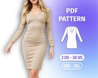 Long Sleeve V-Neck Dress Sewing Pattern: Elegant Tutorial (US2-US30) (PDF)