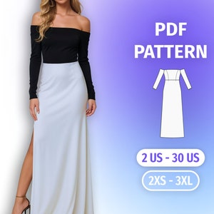 Könnte beinhalten: PDF-Schnittmuster für ein langes, schulterfreies Kleid mit schwarzem Oberteil und weißem Rock. Das Schnittmuster umfasst die Größen 2 DE - 30 DE und 2XS - 3XL.