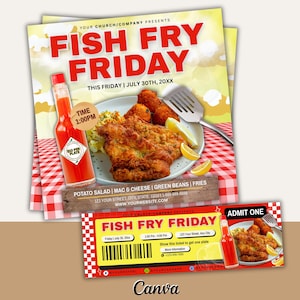 Fish Fry Fundraiser Flyer Template, Flyer and Ticket Bundle, DIY Canva Template Design, Church & School Fundraiser, Fish Plates, Donation