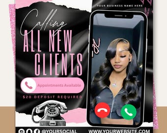 New Clients Booking Flyer, Book Now Flyer, New Client Special Flyer, Makeup, Hair, Lashes, Nails, DIY Canva Template, Love in the hair