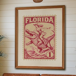 Floryda Vintage Znaczek Ścienny Sztuka Dziki Western Cowgirl Riding Alligator Print dla Eklektycznego Bar Cart Southern Decor