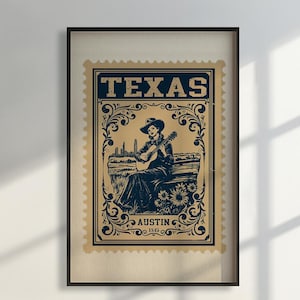 Vintage Austin Texas Stamp Wall Art Western Cowgirl Print Rustic Farmhouse Decor