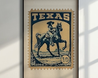 Vintage Texas Stamp Wall Art Western Cowgirl Print Rustic Farmhouse Decor