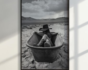 Vintage Cowgirl Wall Art Rustic Black And White Western Art Print For Bathroom