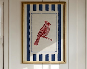Red Cardinal Embroidery-Style Art Print Wall Vintage Bird Print Museum-Quality Paper