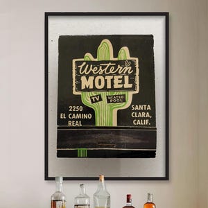Vintage Western Motel Wall Art, Cactus Matchbook Print, Retro Desert Decor, Midcentury Western Poster, Unframed