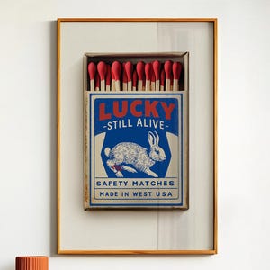 May include: A framed vintage matchbox art piece with the text "LUCKY - STILL ALIVE" and a rabbit illustration. The matchbox is displayed above a wooden cabinet with two orange ceramic vases and a cactus in a woven basket.