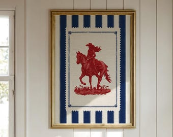 Red Cowboy Embroidery-Style Wall Art Print Western Farmhouse decor Print on Museum-Quality Paper
