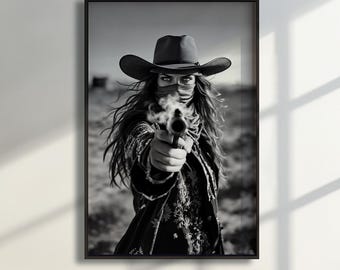 Cowgirl Outlaw Wall Art Black And White Western Print For Home Or Bar Decor