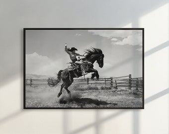 Cowboy Rodeo Wall Art Black And White Western Horse Photography Print Rustic Decor