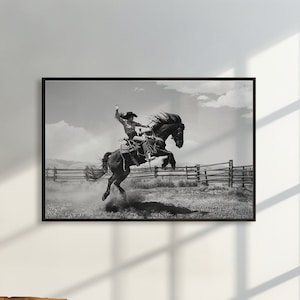 Stampa artistica da parete con fotografia di cavalli western in bianco e nero, decorazione rustica