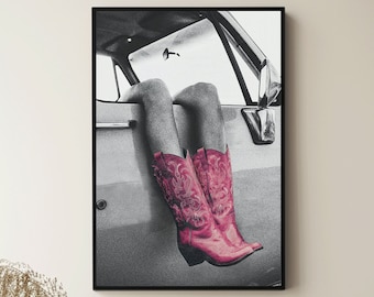 Western Cowgirl Wall Art Pink Boots Black And White Photography Print Rustic Decor