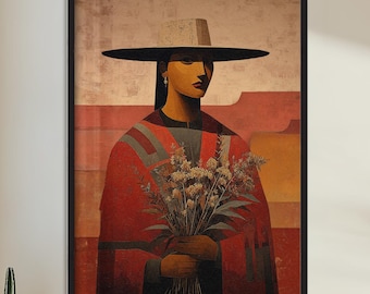 May include: Art print in a black frame, depicting a person in a wide-brimmed hat and red cloak, holding flowers. The artwork uses warm colours like red, brown, and beige, with a vintage feel. The print is displayed in a room with a leather armchair and a potted cactus, creating a warm atmosphere.