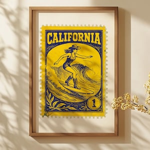 California Cowgirl Surfer Print Vintage Western Stamp Wall Art do dekoracji Boho Beach House lub Coastal Cowgirl Bar Cart