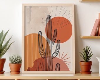 Minimalist Cactus Line Art Print, Modern Desert Home Decor