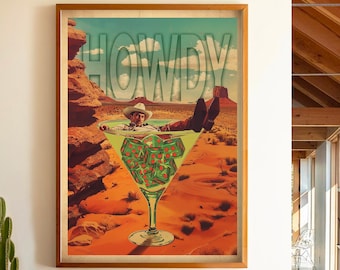 Retro Cowboy Martini Howdy Collage Wand Kunst Druck Surreal Cowboy Poster Western Wand Dekor Trendige Kunstdrucke Martini Wandkunst UNGERAHMT