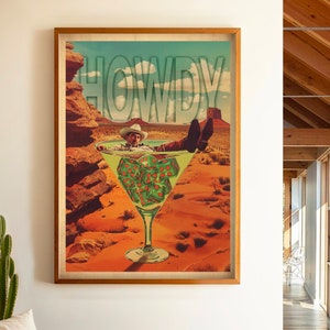 Retro cowboy martini howdy collage muur kunst print surrealistisch cowboy poster westelijke muur decor trendy kunst wordt afgedrukt martini muur kunst INGELIJSTE
