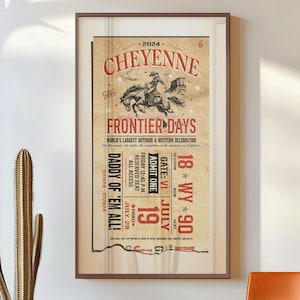 Impresión artística de boleto de rodeo vintage de Cheyenne Frontier Days, arte de pared de vaquero, decoración de pared occidental, póster, arte de pared rústico, decoración del hogar de Texas