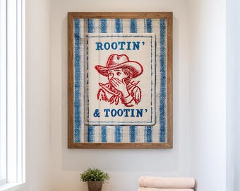 Lustig Badezimmer Wand Kunst Rootin &#39;and Tootin&#39; Cowboy Druck für Rustikale oder Bauernhaus Dekor Rot und Blau Vintage Cowboy Poster Gästetoilette