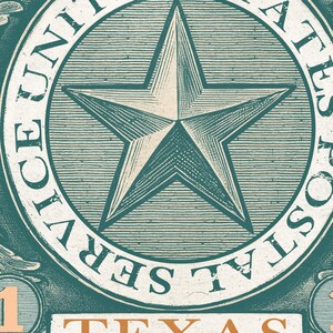 K&ouml;nnte beinhalten: Briefmarke im Vintage-Stil in T&uuml;rkis und Creme. Das Design zeigt einen gro&szlig;en Stern in der Mitte, umgeben von dem Text "UNITED STATES POSTAL SERVICE". Das Wort "TEXAS" befindet sich unten.