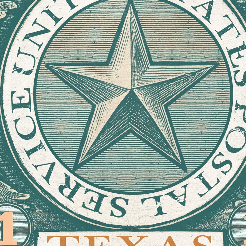 K&ouml;nnte beinhalten: Briefmarke im Vintage-Stil in T&uuml;rkis und Creme. Das Design zeigt einen gro&szlig;en Stern in der Mitte, umgeben von dem Text "UNITED STATES POSTAL SERVICE". Das Wort "TEXAS" befindet sich unten.
