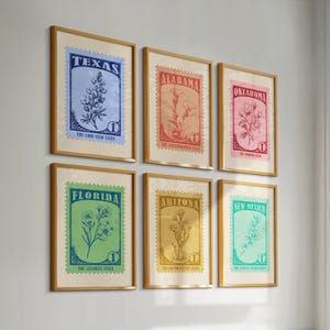 Może przedstawiać: Siedem oprawionych wydruków z wzorami znaczków pocztowych w stylu vintage. Każdy wydruk przedstawia kwiat stanu i nazwę stanu, w tym Teksas, Alabama, Oklahoma, Floryda, Arizona i Nowy Meksyk. Ramki mają ciepły, naturalny odcień drewna.