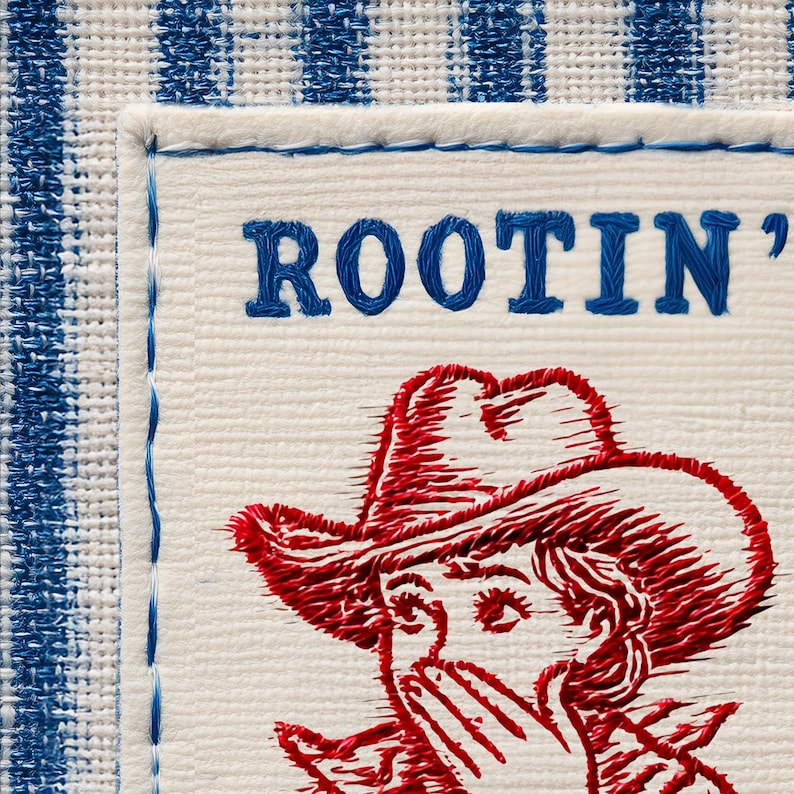 May include: Close-up of a white fabric patch with the word "ROOTIN'" in blue lettering. Below the text is a red illustration of a person wearing a cowboy hat, covering their mouth with their hand. The patch is sewn onto a blue and white striped fabric.