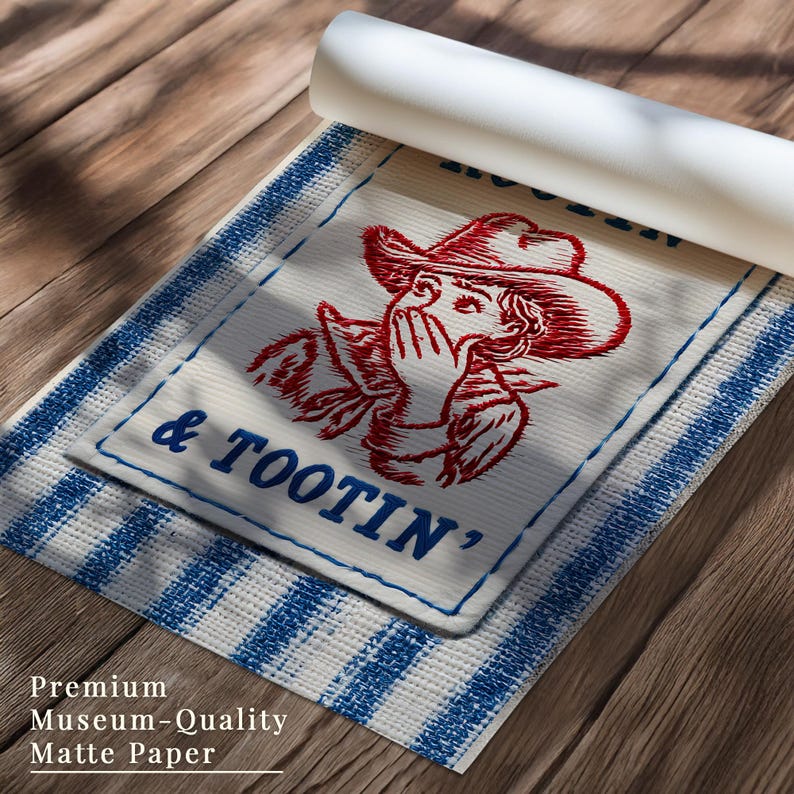May include: A rolled-up print featuring a red and blue cowboy graphic with the text "& TOOTIN'". The print is on a blue and white striped background. The words "Premium Museum-Quality Matte Paper" are at the bottom.