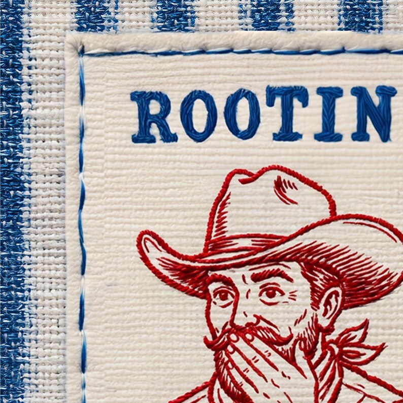 Może przedstawiać: Haftowana naszywka z napisem "ROOTIN" w kolorze niebieskim, nad czerwoną i białą ilustracją kowboja. Naszywka jest obramowana niebieskimi szwami i umieszczona na biało-niebieskiej kraciastej tkaninie.