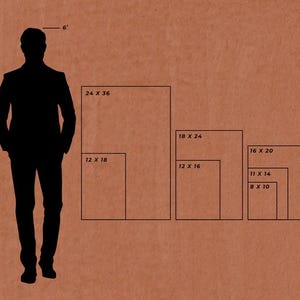 K&ouml;nnte beinhalten: Silhouette einer Person neben rechteckigen Rahmen unterschiedlicher Gr&ouml;&szlig;en. Der gr&ouml;&szlig;te Rahmen ist mit 24 x 36 Zoll (ca. 61 x 91 cm) beschriftet, weitere Rahmen mit 18 x 24, 16 x 20, 12 x 18, 12 x 16, 11 x 14 und 8 x 10 Zoll. Die K&ouml;rpergr&ouml;&szlig;e der Person wird mit 6 Fu&szlig; angegeben.