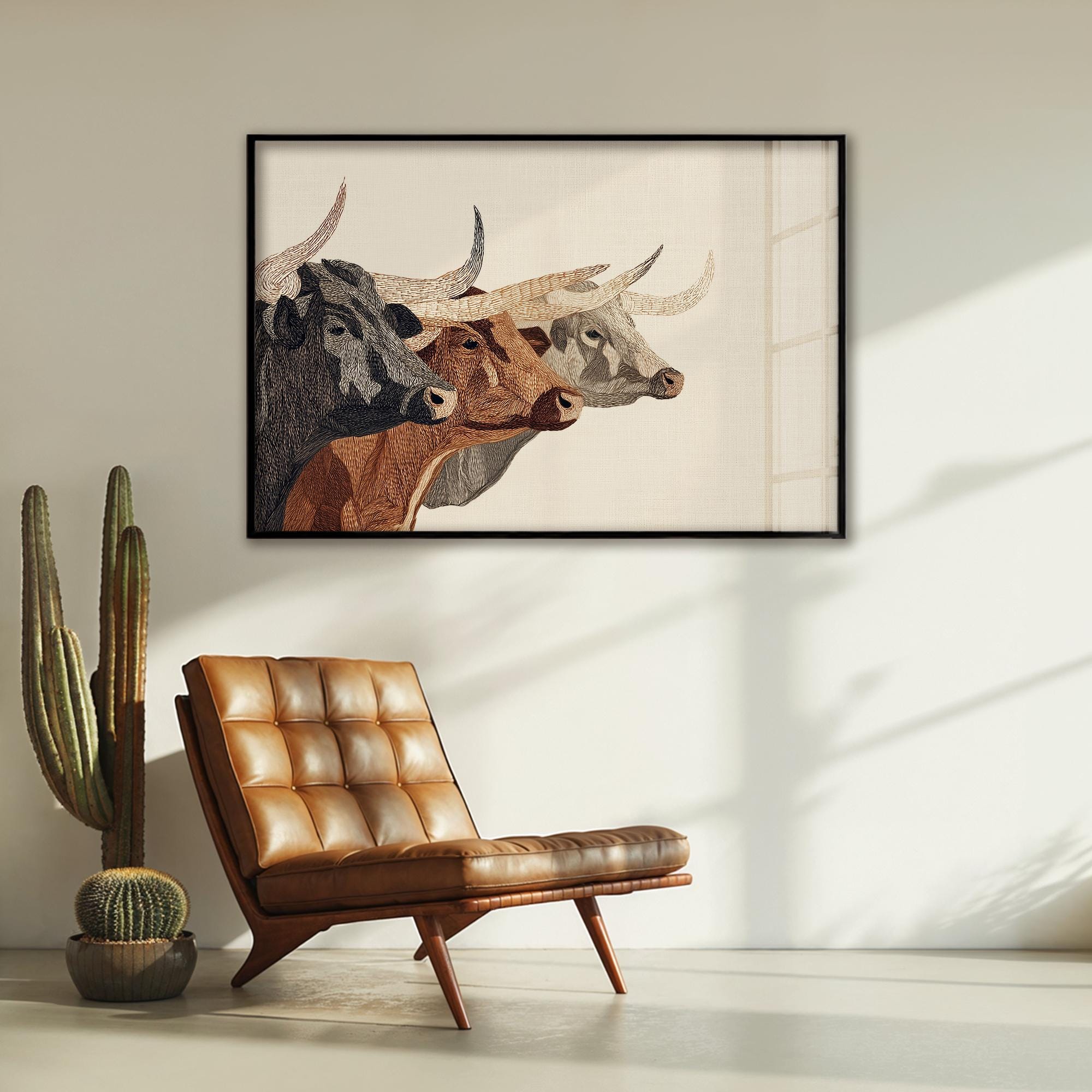 Embroidery Longhorn Print: Rustic Farmhouse Western Wall Art