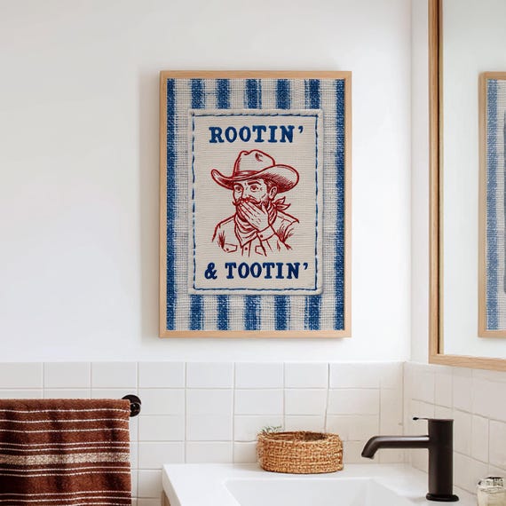 Funny Bathroom Wall Art Rootin' and Tootin' Cowboy Embroidery-Style Print Farmhouse Western Decor