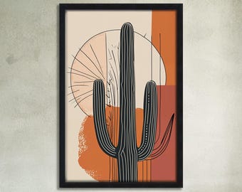 May include: Framed art print featuring a stylized cactus illustration. The artwork showcases a black cactus with white stripes against a backdrop of peach, orange, and terracotta hues. The design includes geometric shapes and lines, creating a modern, minimalist aesthetic.