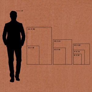 May include: A comparison of different sizes of framed artwork, with a person standing next to the largest frame. The frames are labeled with their dimensions in inches, such as 24 x 36, 18 x 24, 16 x 20, 12 x 18, 12 x 16, 11 x 14, and 8 x 10.