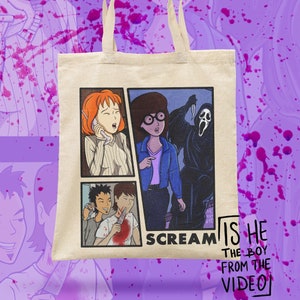 May include: A white canvas tote bag with a graphic print of characters from the cartoon series Daria. The graphic features Daria and her friends in various scenes, including a scene with the Ghostface killer from the Scream franchise. The text on the bag reads "Scream" and "Is he the boy from the video?"