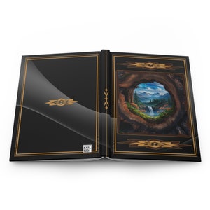 May include: An open book with a black cover and gold accents. The right page features a painting of a forest scene viewed through a tree trunk opening. The scene includes a waterfall, mountains, and a blue sky.